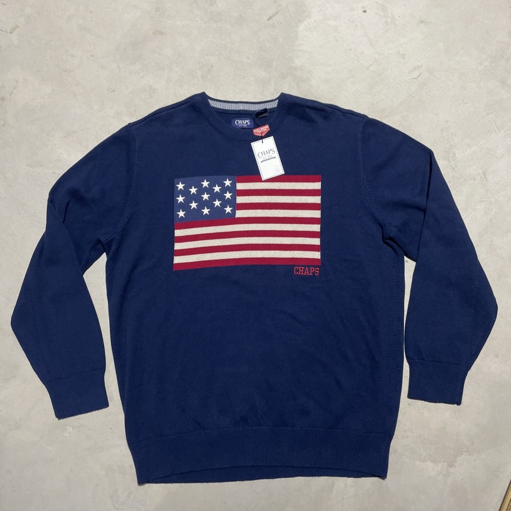 Chaps Ralph Lauren Men's 2XB Navy Crew Neck Knit Pullover Sweater USA Flag NWT
